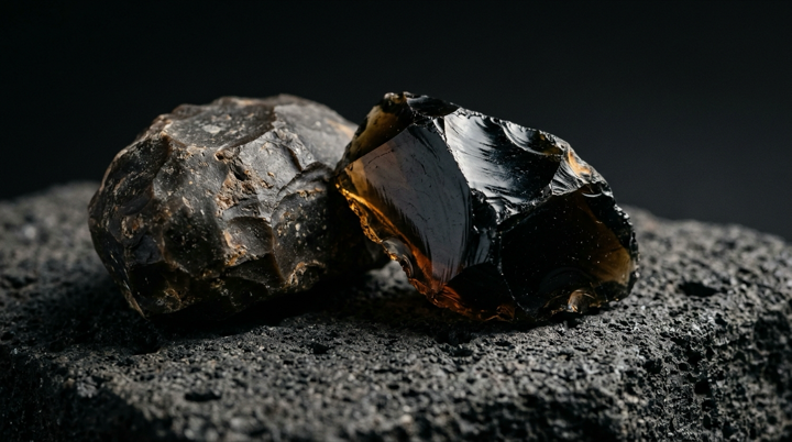 Macro photography of raw obsidian and flint crystal